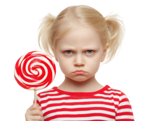 Young child with blonde hair and pigtails holds large red and white swirl lollipop, displaying serious expression. child wears red and white striped shirt, creating striking contrast against plain