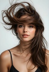 Naklejka premium Beautiful woman with long brown hair flowing dynamically, wearing a black spaghetti strap dress against a soft gray background for a chic look.