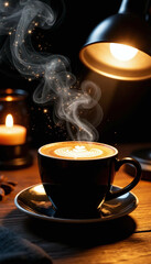 A steaming cup of coffee or tea stands on a wooden table, illuminated by the warm light of a table lamp in a cozy, calm interior, interior setting.