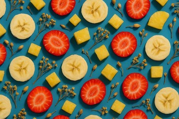 Colorful fruit slice pattern with blue background
