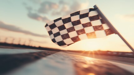Checkered Flag Finish Line at Sunset on a Race Track