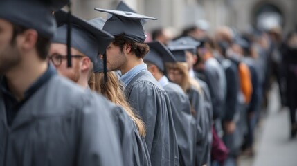 Graduating college students dressed in gray caps and gowns stand in a procession outside their university. The atmosphere is filled with anticipation and excitement as they prepare for the ceremony