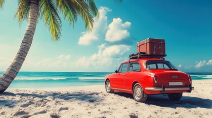 Red vintage car with luggage on roof rack parked on sandy beach near palm tree under sunny sky.
