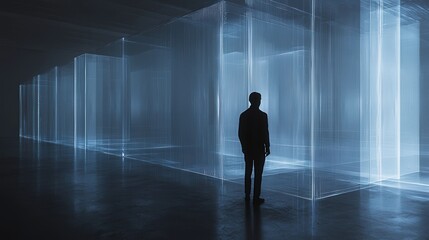 Fototapeta premium Modern architectural interior with translucent structures and a solitary figure.