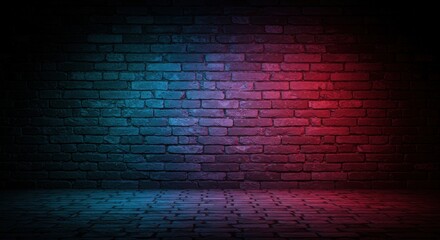 Neon brick wall  floor illuminated in blue  red hues creating a vibrant and moody scene