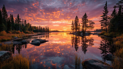 Obraz premium Vibrant Sunset over Calm Lake with Tree Reflections