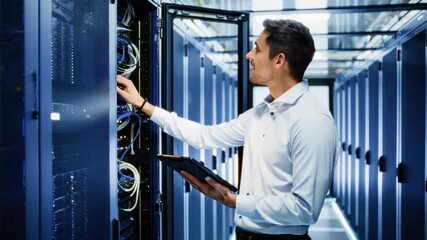 Smiling it engineer working with servers in a data center, holding a tablet while checking hardware. Dressed in a white shirt, showcasing expertise in technology and system management