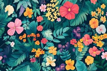 Vibrant tropical floral seamless pattern featuring colorful flowers and lush green foliage