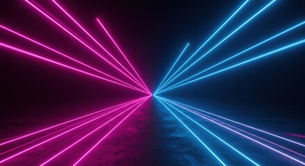 Fototapeta premium Neon rays converge illuminating the dark floor creating a cool and vibrant ambiance