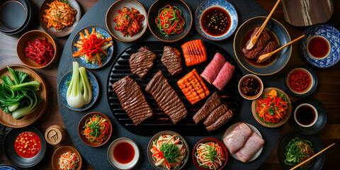 Korean BBQ setup with grill, meat, side dishes, and dipping sauces, overhead view, restaurant ambiance