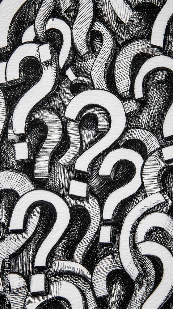 Poster Intricate pen-and-ink drawing of overlapping question marks, creating a textured, abstract pattern symbolizing uncertainty, inquiry, and the search for answers