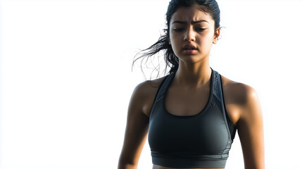 Young East Asian Indian woman tired after practicing exercise try to recover. hard run workout. sweaty. success fit sports. flat background. png