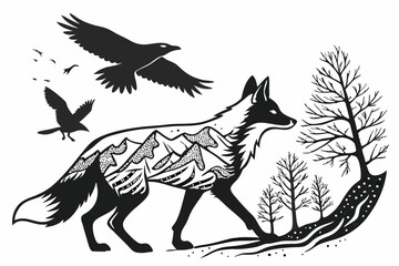 23 Black and white illustration, fox silhouette, double exposure, mountain landscape, flying raven, rabbit silhouette, pointillism technique, surreal wildlife scene, minimalist design, intricate detai