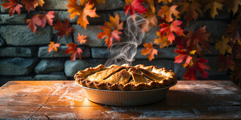 A worn, wooden table, adorned with subtle scratches and a warm, honey-brown patina, holds a freshly baked apple pie, its crust golden brown and flaky, with wisps of steam gently rising from the surfac