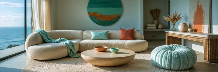 Generative AI, Modern Coastal Living Room with Ocean View and Natural Textures
