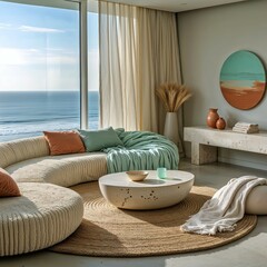 Generative AI, Modern Coastal Living Room with Ocean View and Natural Textures