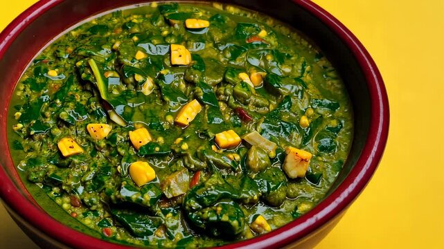 Close-up of saag paneer with cheese cubes in red bowl on yellow background.