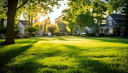 Serene sunset scene: Lush green lawn in a quiet suburban neighborhood.  Golden hour light casts long shadows on the grass, creating a peaceful and idyllic atmosphere.