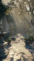 Naklejka premium Sunlit garden pathway scene with stone elements and lush vegetation