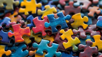 Fototapeta premium A colorful pile of interlocking jigsaw puzzle pieces spread out randomly.