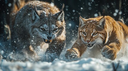 Fototapeta premium Lynxes hunting in snowy forest