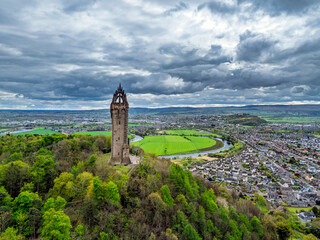 The National Wallace Monument or William Wallance Monument from a drone, Stirling, Scotland, England