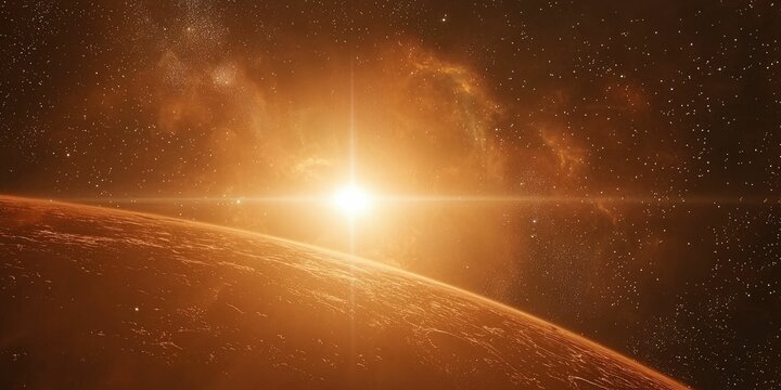 Planetary sunrise in space, with rays from a glowing galactic star lighting the scene