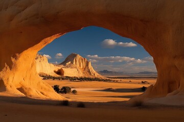 Desert vista framed by a natural archway