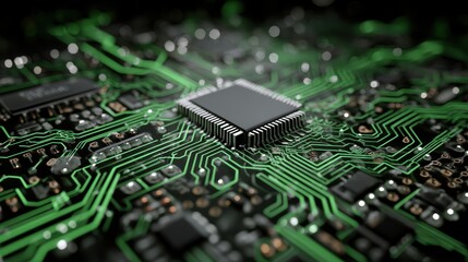 Cloud computing and AI concept: circuit board with microchip and digital data lines moving, neural network integration