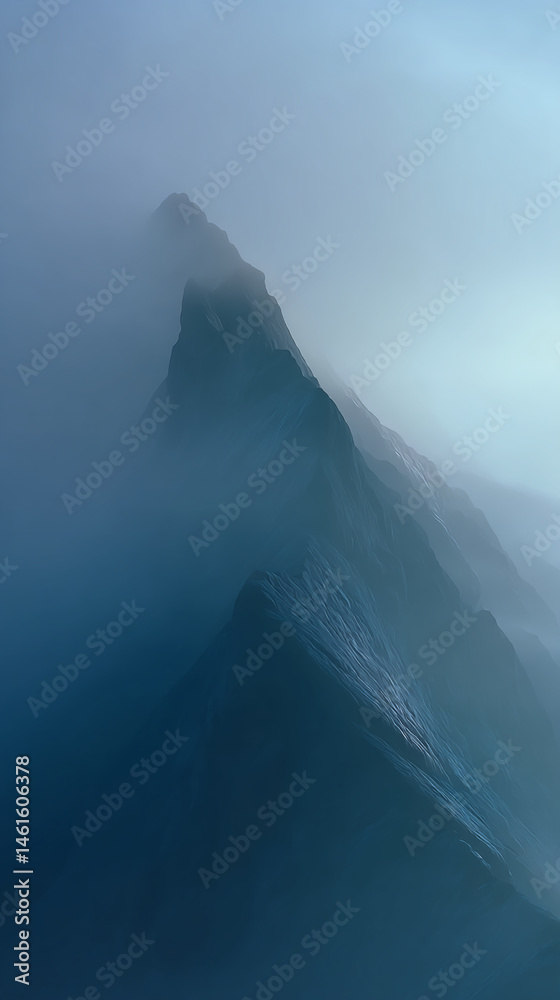 Poster misty mountain peak shrouded in fog, creating a serene and mysterious atmosphere, symbolizing tranqu