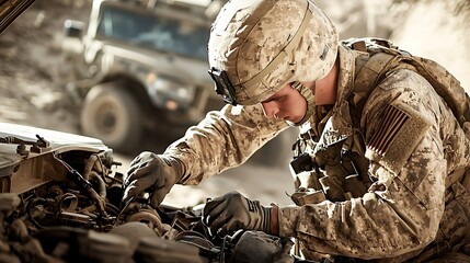 A soldier works on a vehicle engine during a field operation