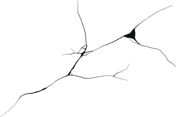 Cracked wall. Damage surface crack and fissure in ground, concrete, crevices from disaster silhouette breaks on land surface from earthquake isolated on white background. Broken ground