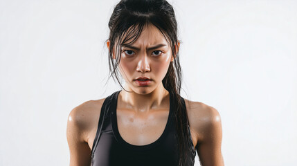 Young East Asian Indian woman tired after practicing exercise try to recover. hard run workout. sweaty. success fit sports. flat background. png