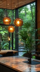 Modern kitchen with forest view, and pendant lights.