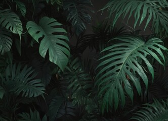Fototapeta premium Bold, abstract tropical leaves, black & deep green gradients, sharp lines , jungle, pattern, black