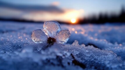 Frozen flower in winter's embrace.  A delicate flower, encased in ice crystals, rests atop a bed of snow, bathed in the soft glow of a setting sun.  The ice captures the flower's details,