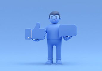 Holding Like and Chat Icon 3D Cartoon Character Illustration