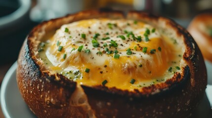 Creamy cheddar soup in sourdough bread bowl with chives and pepper garnish