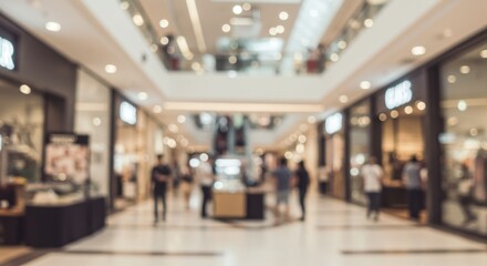 Blurred mall interior filled with bustling shoppers and retail storefronts conveys a sense of busy commercial life