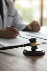 Judge gavel and doctor working on a medical form