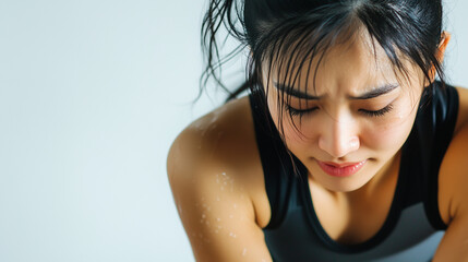 Young East Asian Indian woman tired after practicing exercise try to recover. hard run workout. sweaty. success fit sports. flat background. png