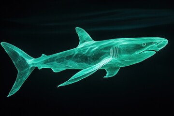 Shark lit by soft greenish blue from algae below