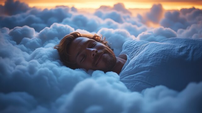 Peaceful slumber amidst fluffy clouds at sunset.