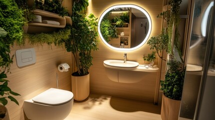 Modern,  eco-friendly bathroom.  Features lush greenery,  warm lighting,  and minimalist design.  A round mirror adds a touch of elegance