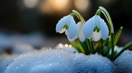 Delicate snowdrops emerging from winter's snow.  Early spring flowers in a soft, golden light