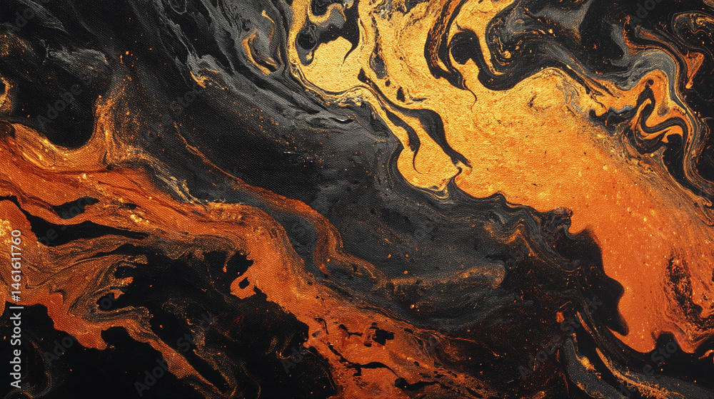 Poster abstract gold and black paint swirls creating a dynamic, textured background suitable for design pro