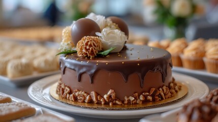 A festive gathering showcasing a farewell cake for graduation. The cake is elegantly decorated with chocolate, nuts, and delicate flowers, surrounded by an array of treats to celebrate the occasion