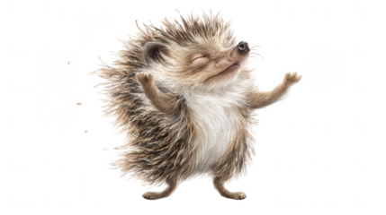 A happy hedgehog stands on two legs with closed eyes and raises paws isolated on white background picture.