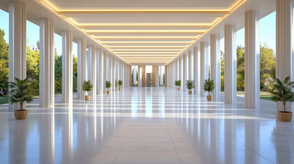 Naklejka premium Spacious and modern interior featuring tall columns, bright lighting, and potted plants, creating serene atmosphere