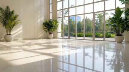 Fototapeta premium Bright and spacious interior featuring large windows, polished marble flooring, and decorative potted plants, creating serene atmosphere